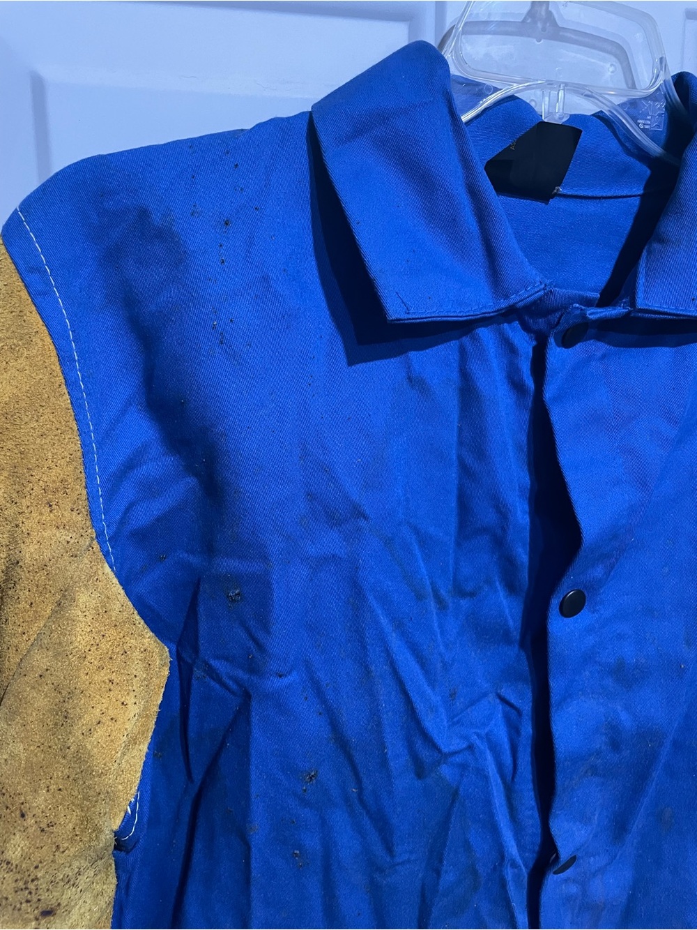 Men's Welding Jacket in Blue with Yellow Leather Sleeve Panels - Picture 4 of 13